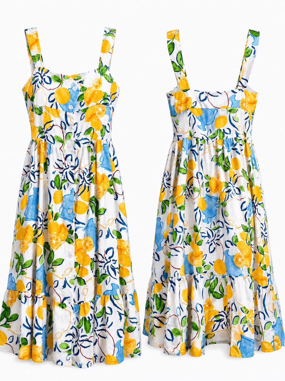 Zara Lemon Print Linen Blend Midi Dress White Blue Yellow Size L